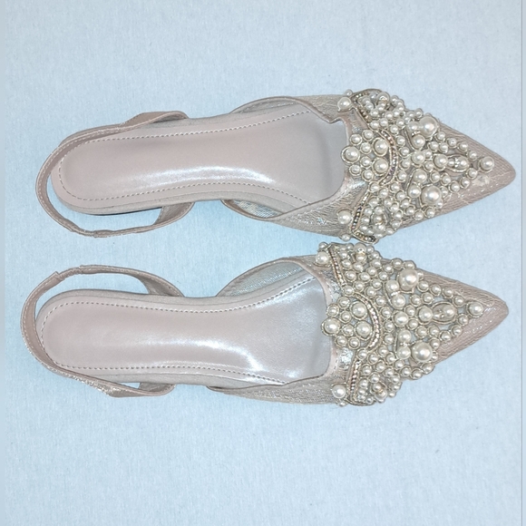 NEW Cream/Tan Pearl Beaded Lace Faux Leather Pointed-Toe Back Strap Flats, Sz 10 - Picture 9 of 9
